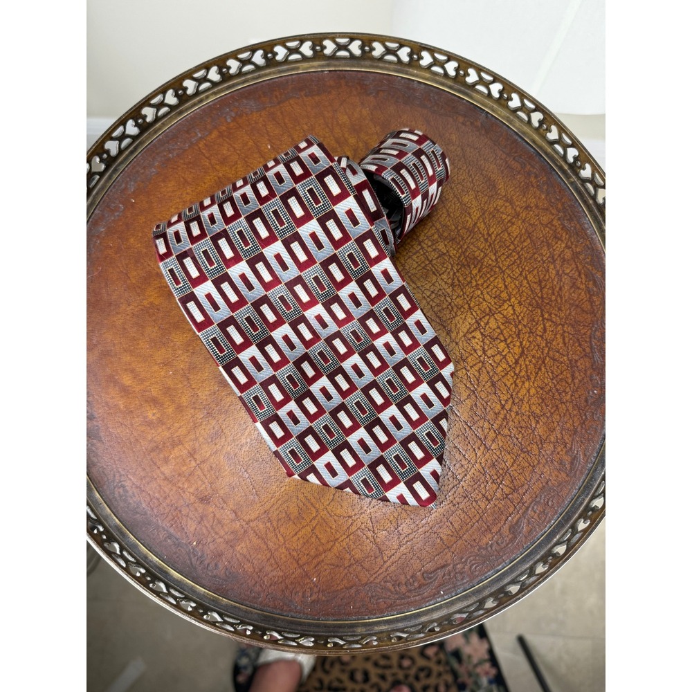 Vintage Pierre Cardin Silk Necktie‎ Burgundy Gray Geometric Mens Formal Classic